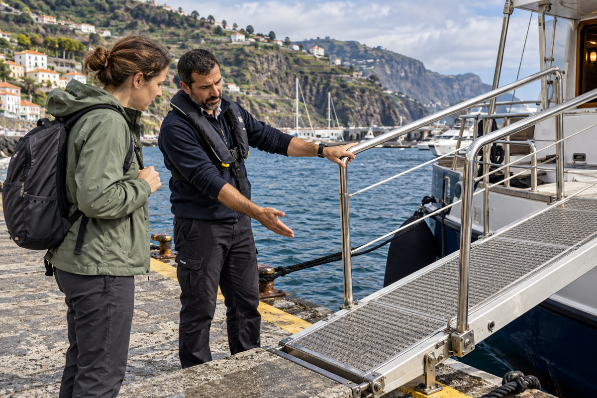 A traveller and crew member checking a boat boarding gangway from the quay