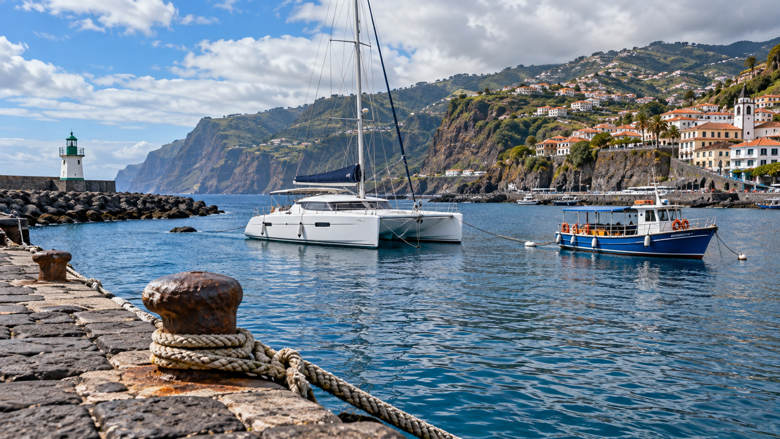 A sailing catamaran and a small excursion boat beside a stone harbour quay
