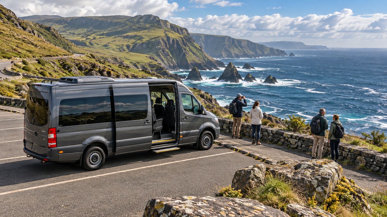 A minivan and travellers at a coastal viewpoint