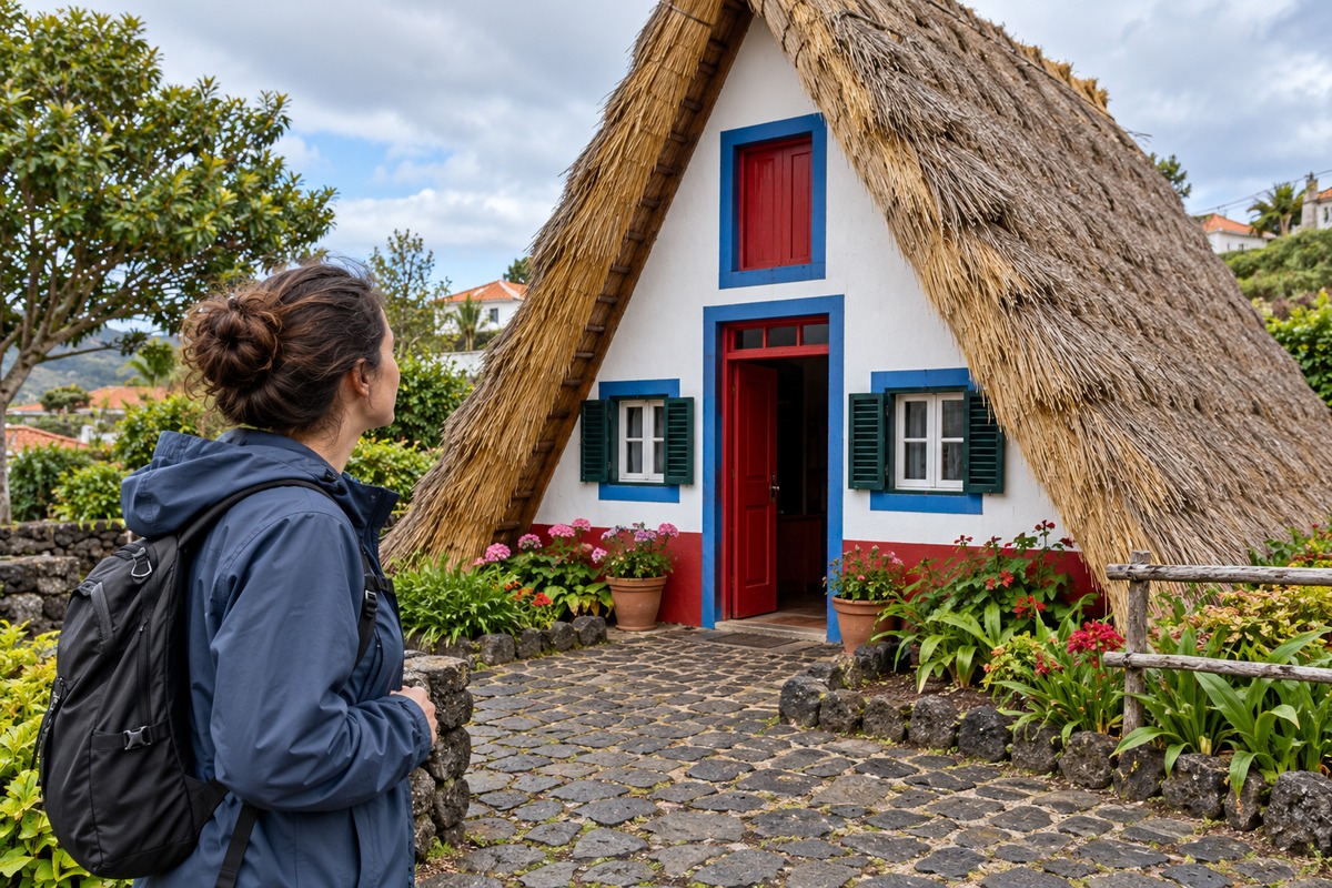 A traveller looking at a triangular thatched house in a village garden