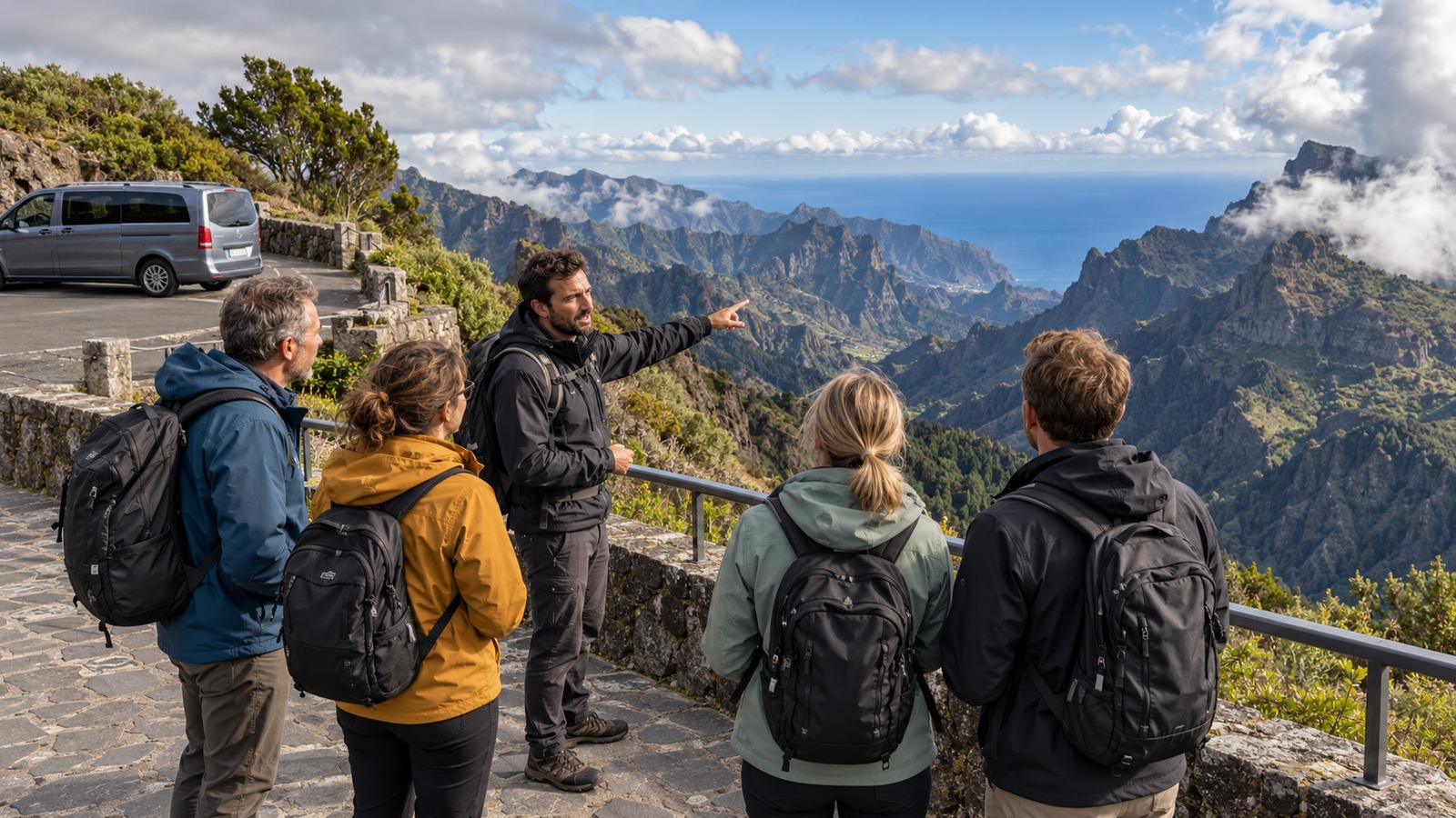 A small excursion group at a mountain viewpoint