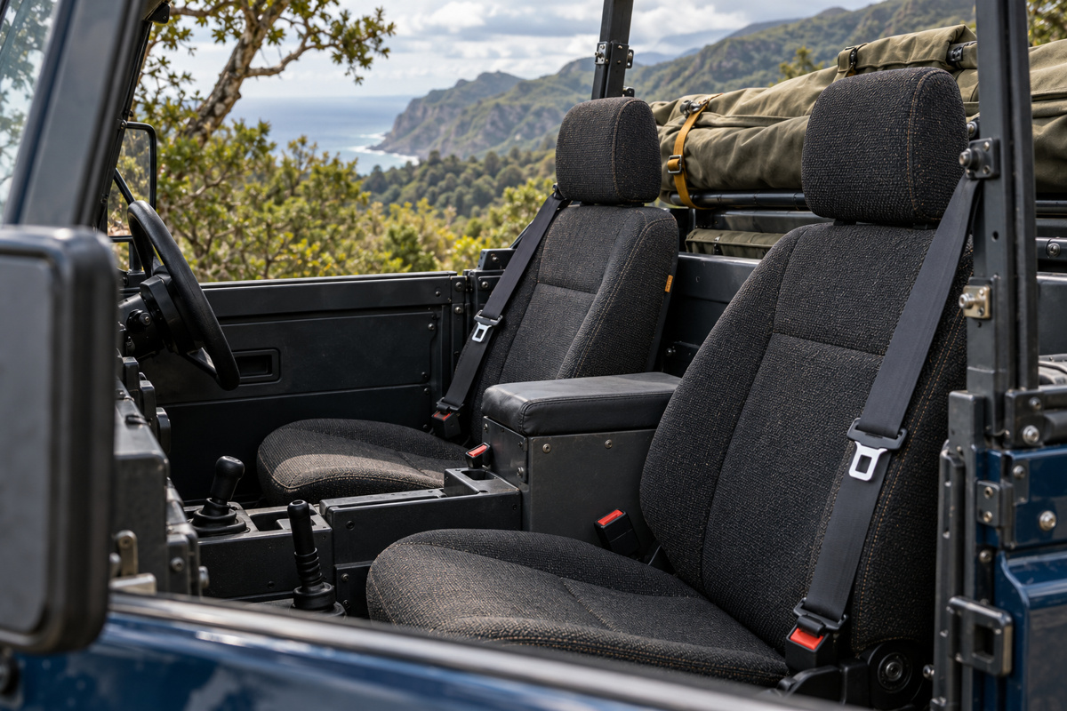 Forward-facing seats, seat belts and a folded cover in a parked 4x4