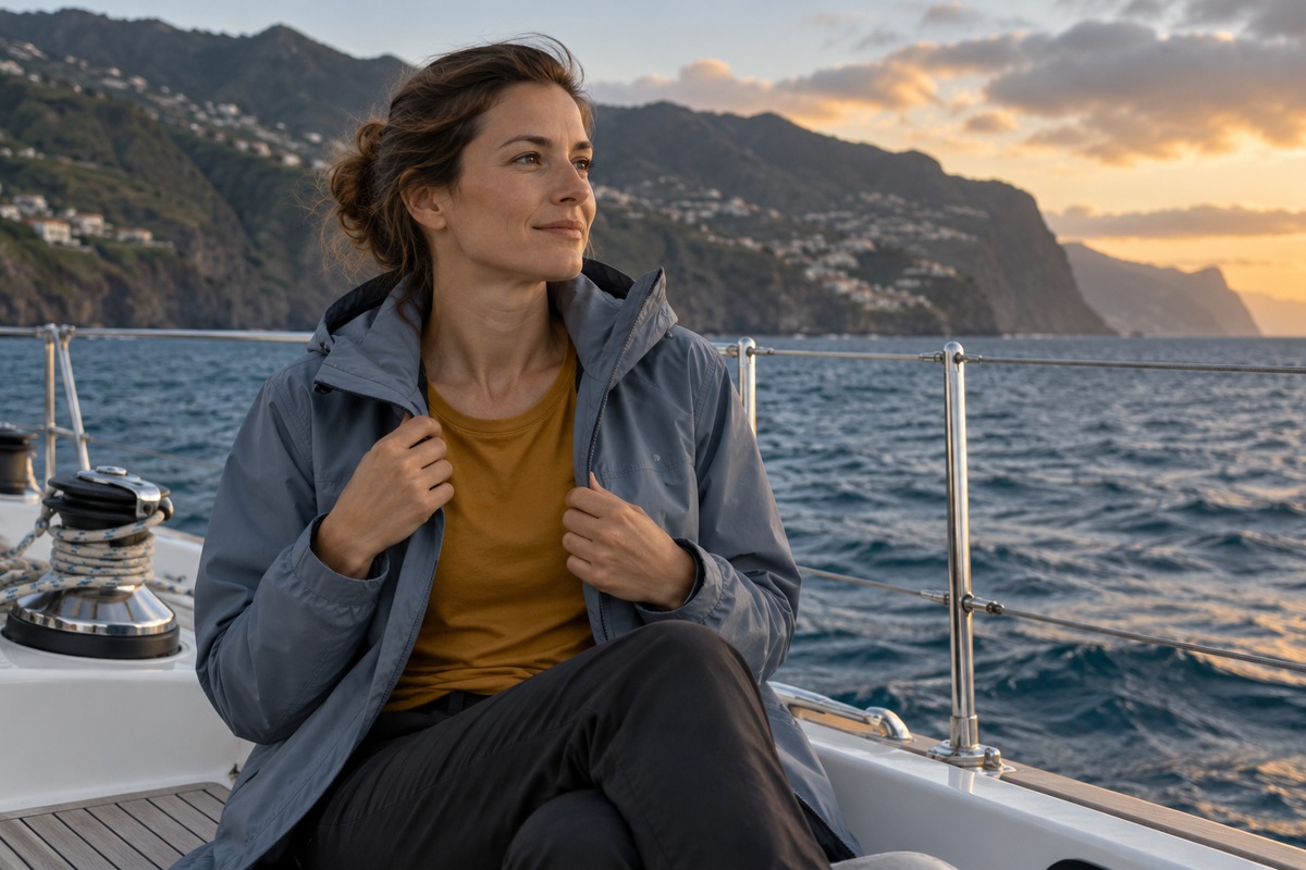 A passenger holding a light jacket closed on a boat deck