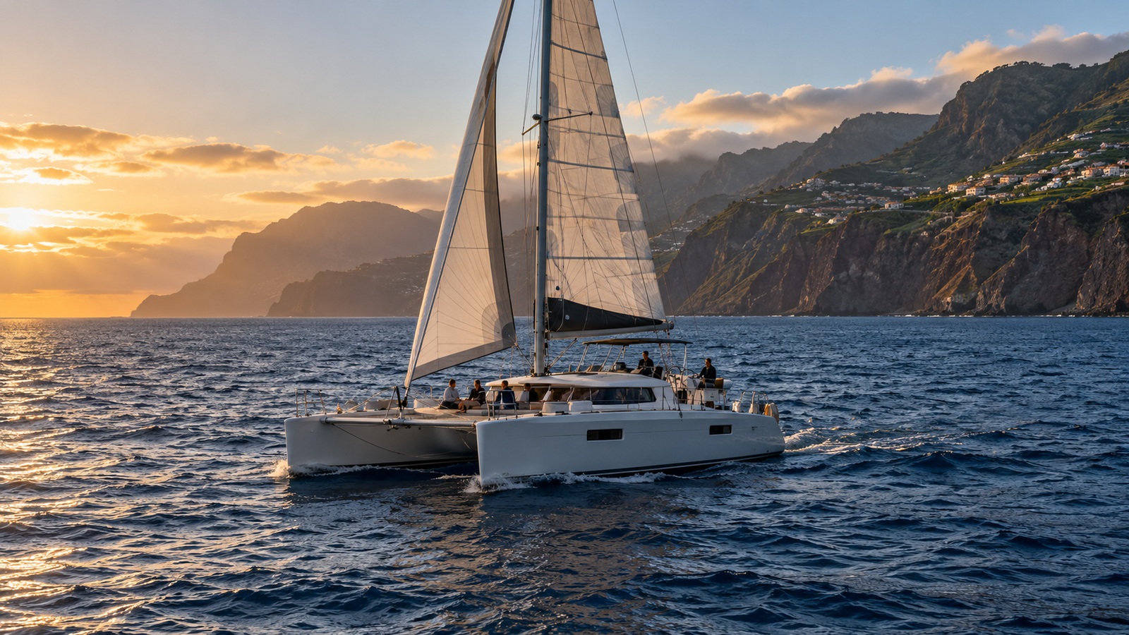 A catamaran off Madeira in evening light