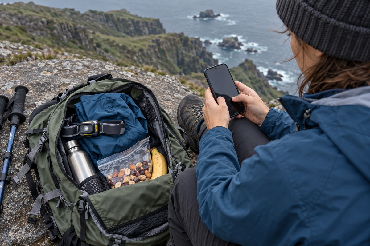 Walker checking a phone beside a daypack with a headtorch, water and snacks
