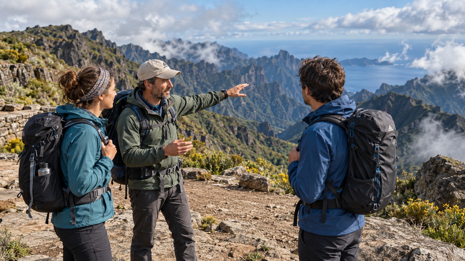 Hikers discussing their plan at a broad mountain rest area