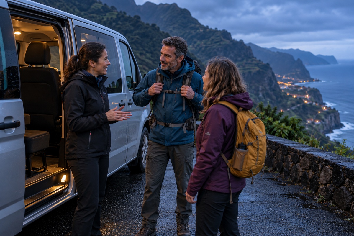 Passengers in warm jackets speaking with a driver beside a parked transfer van