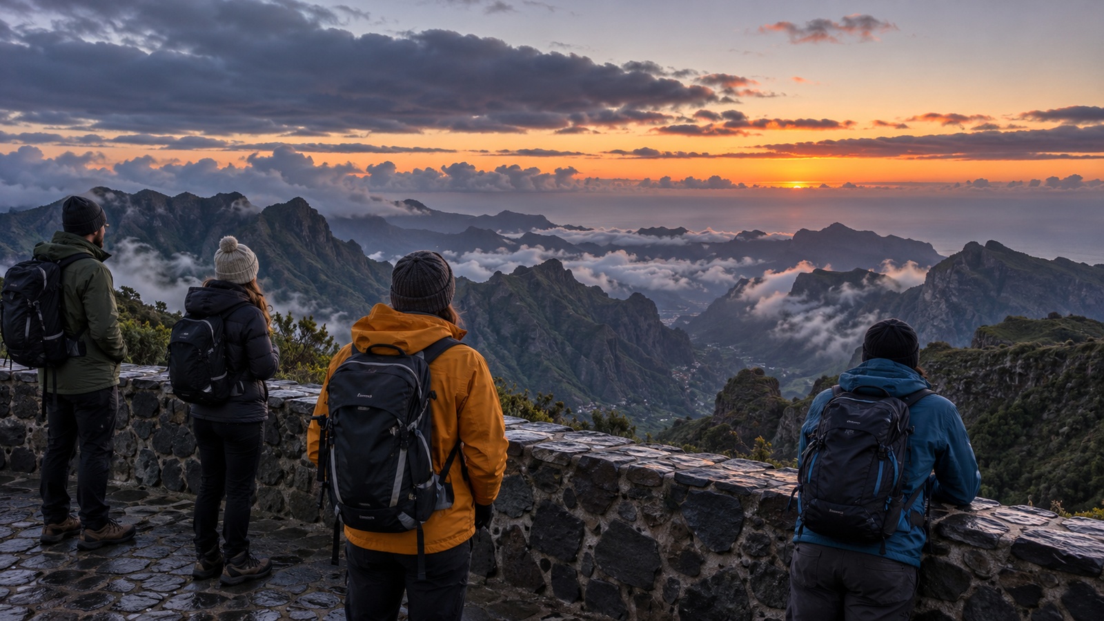 Warmly dressed travellers watching dawn behind a mountain viewpoint parapet