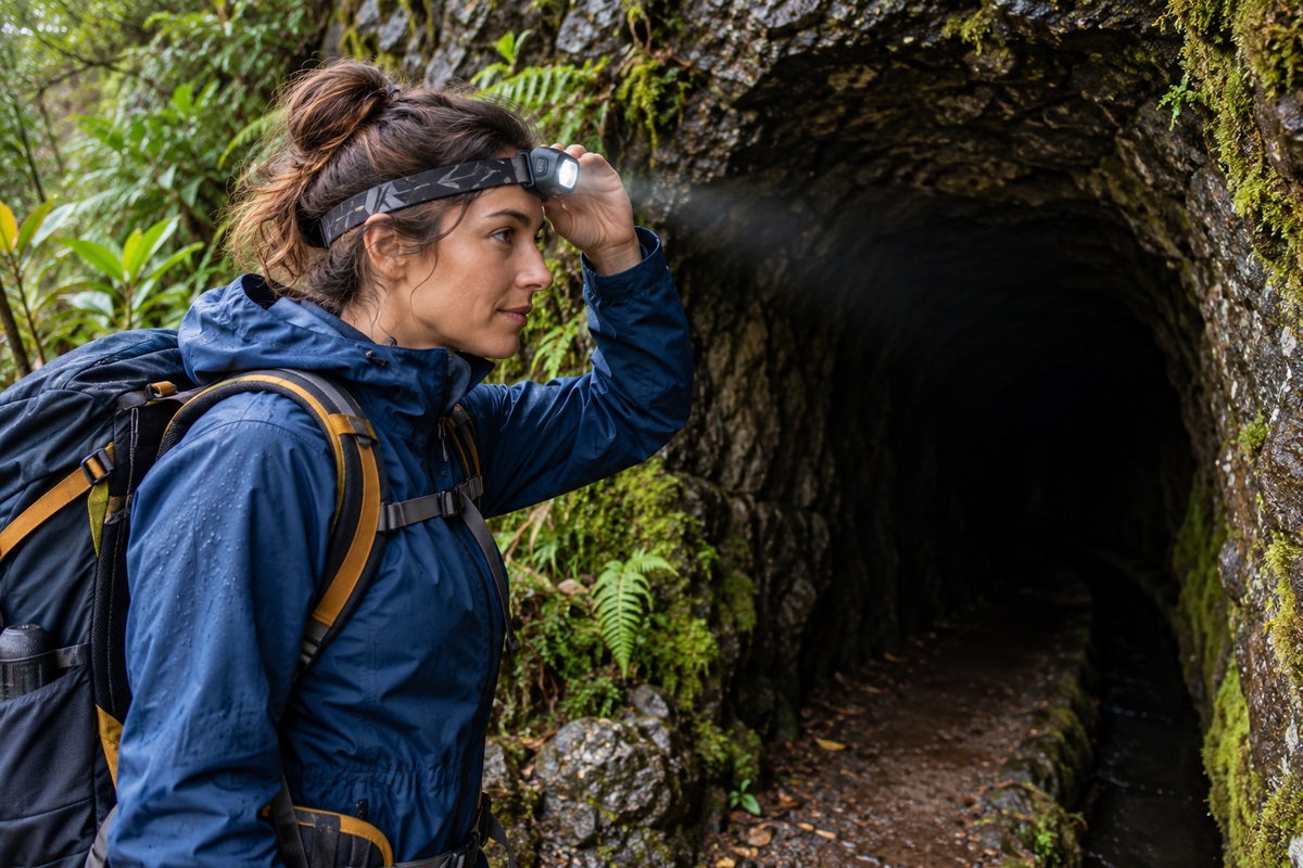 A hiker switching on a headtorch outside a stone tunnel