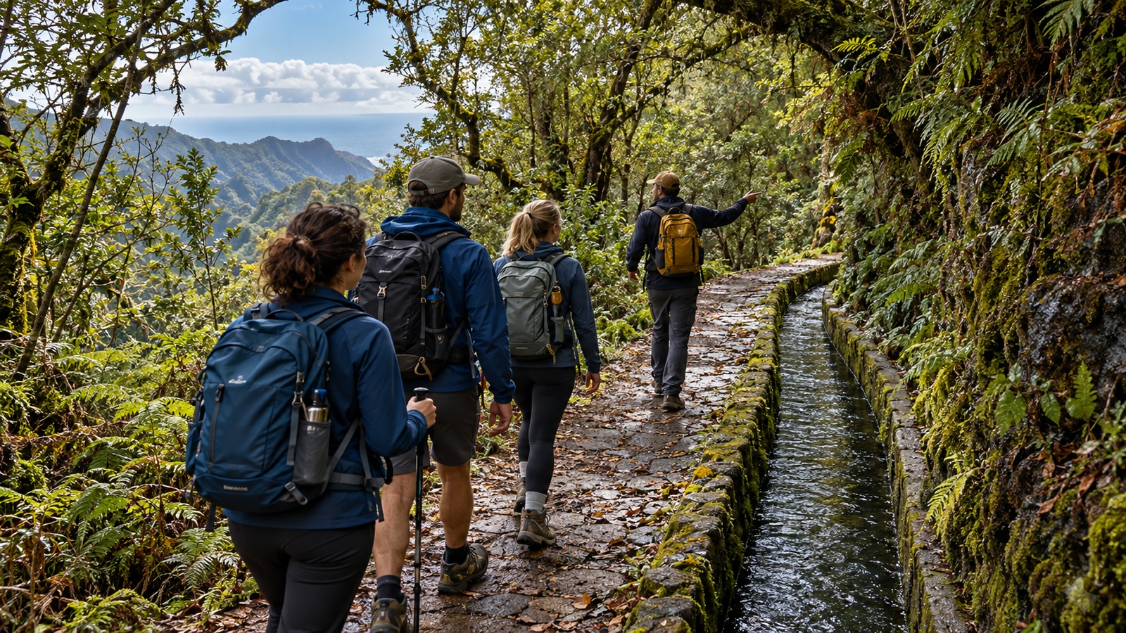 A guided walking group beside a forest levada