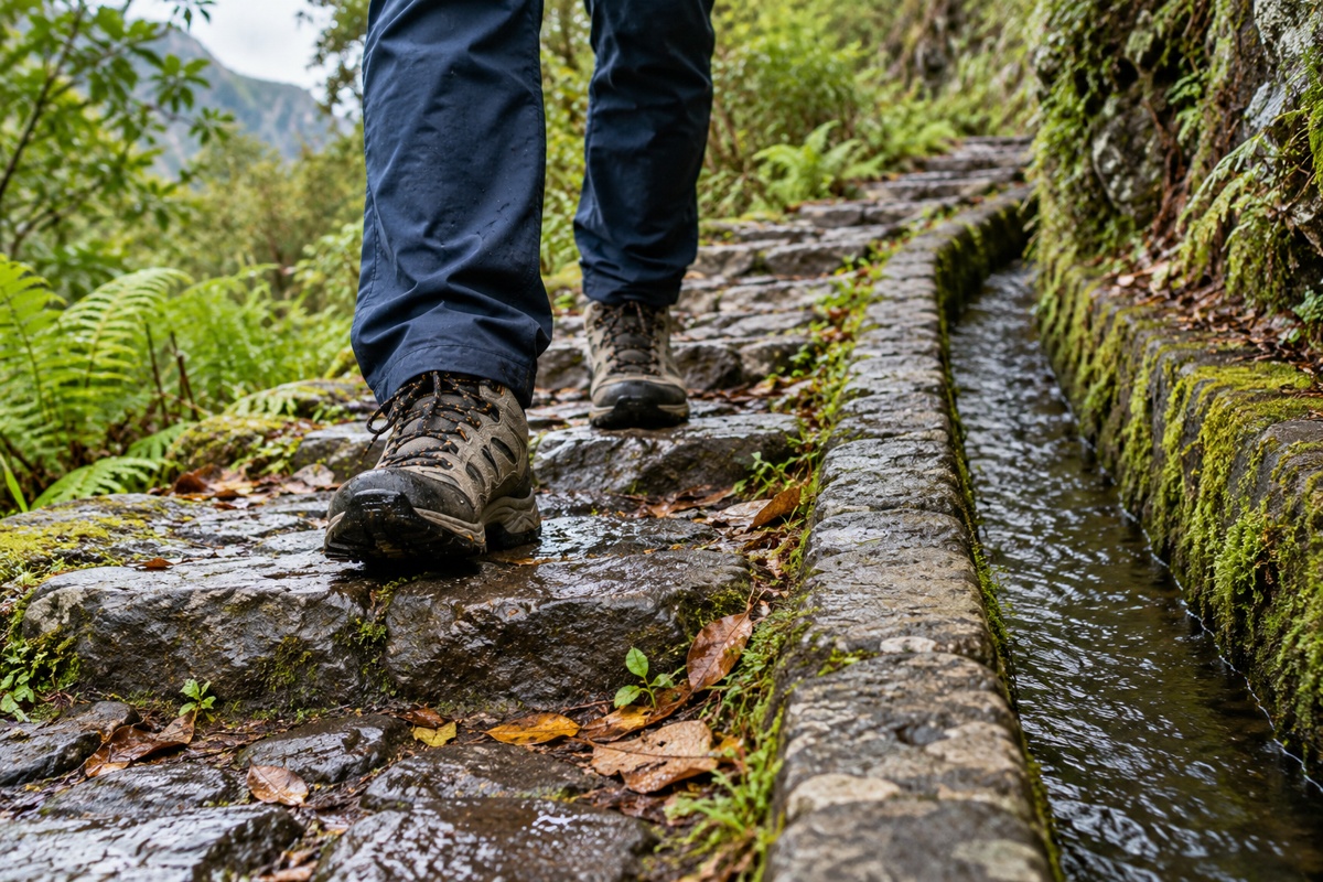 Hiking shoes on damp uneven stone steps beside a water channel