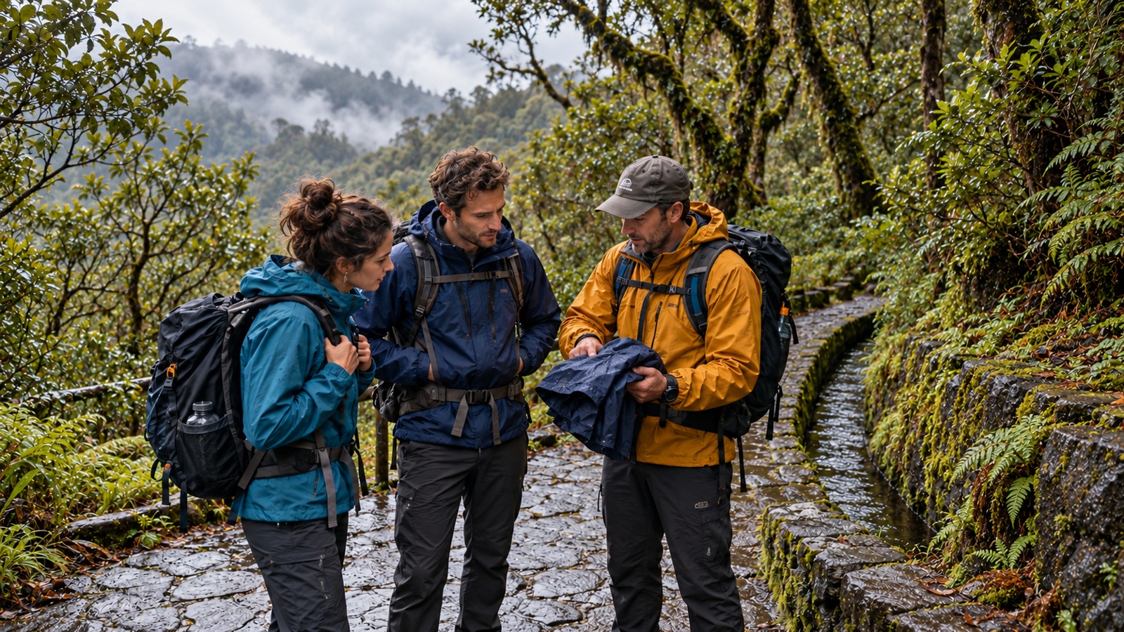 Walkers gathering around a guide at a wooded trailhead