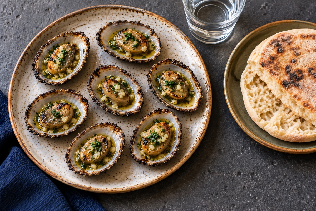 Grilled limpets in oval shells beside a plate of bread
