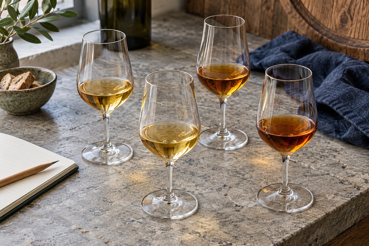 Four small glasses of amber wine arranged on a pale stone counter